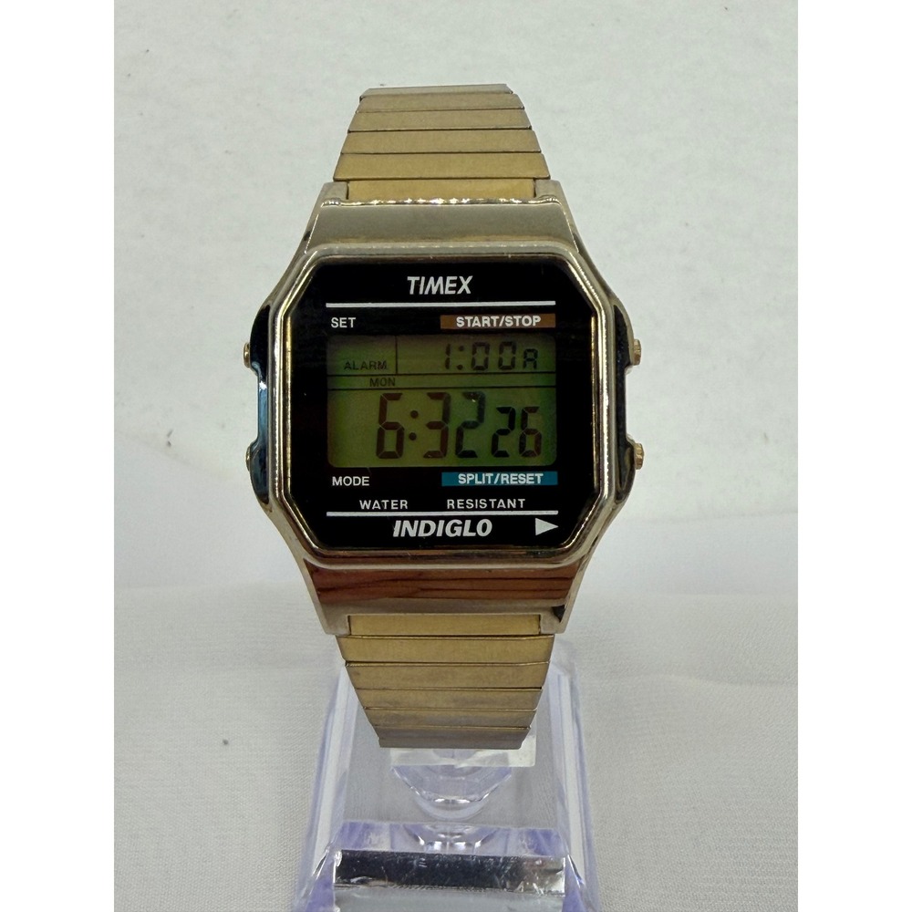 Timex Indiglo Digital Watch Gold Tone Square Case Expansion Band 555 RR